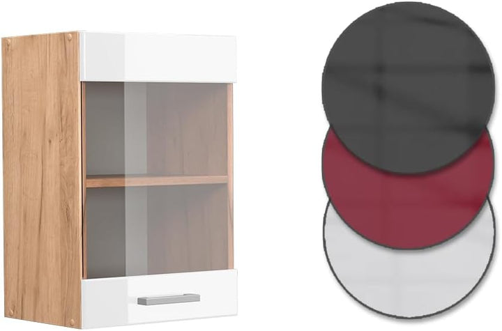 Vicco Küchenschrank Glas R-Line, Weiss Hochglanz/Goldkraft Eiche, 40 cm Weiss Hochglanz Hängeglassch