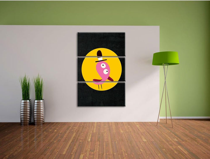 Pixxprint Lustiger Vogel mit einfarbigem Hintergrund schwarz 3-Teiler Leinwandbild 120x80 Bild auf L