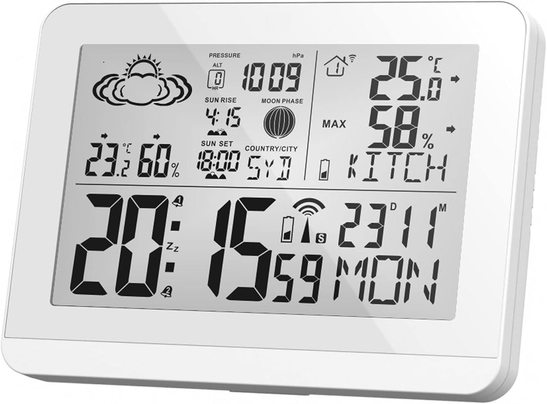 Miraval Moderne Design Funk-Wetterstation mit Aussensensor bennenbar Mondphase Sonnenaufgang Sonnenu