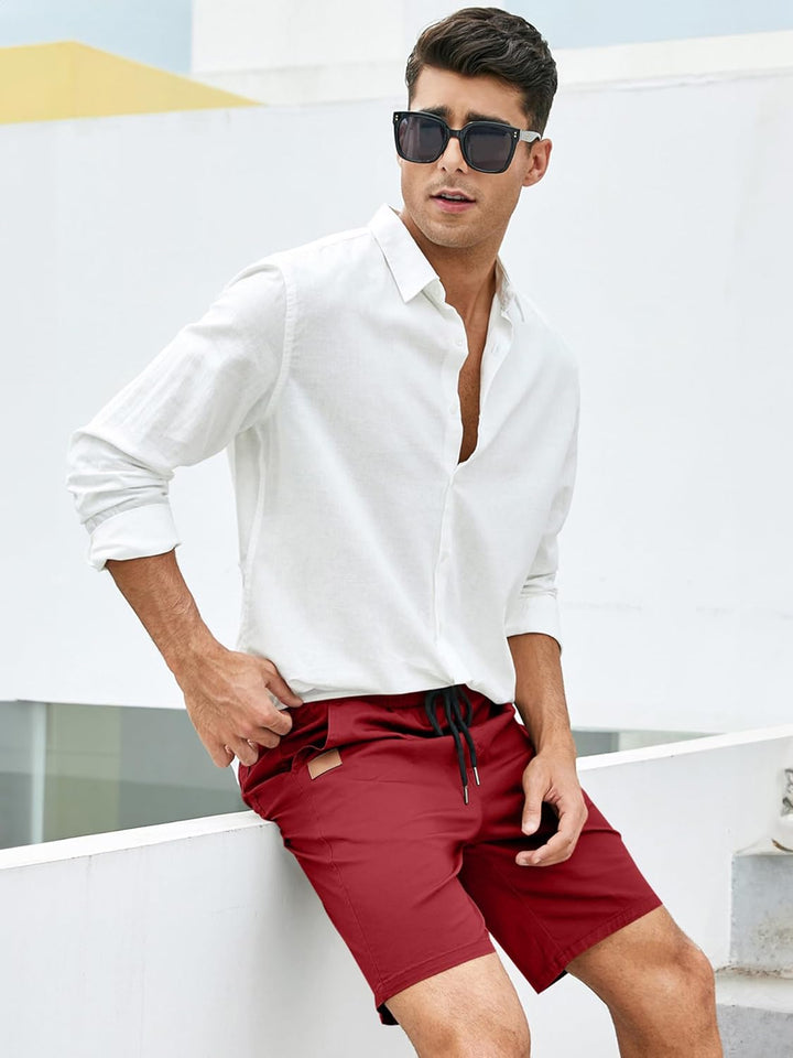 JMIERR Kurze Hosen Herren Shorts Herren Sommer Chino Baumwolle Elastische Taille mit Taschen S Rot,