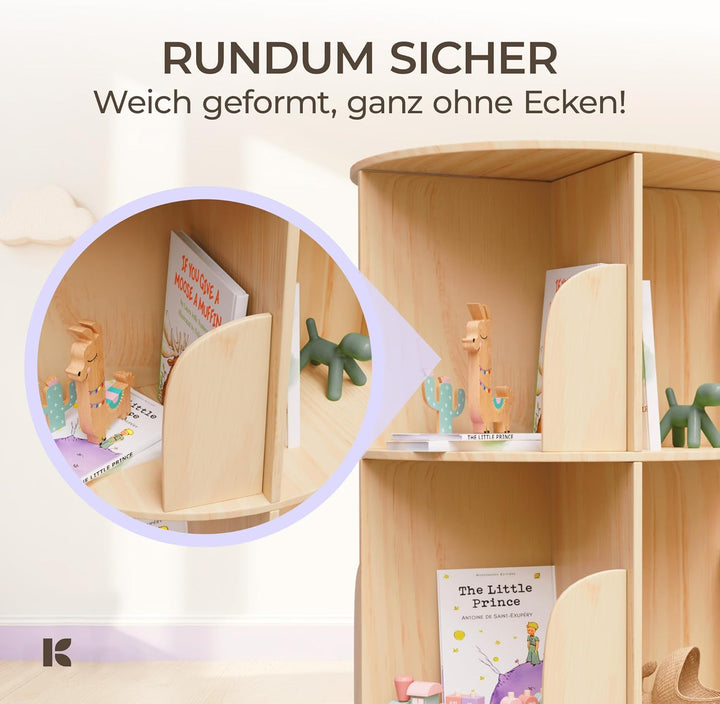KINDAHOLZ 360° Drehbares Bücherregal Kinder - Kiefernholz Bücherregal Drehbar Kinder mit 5 verstellb