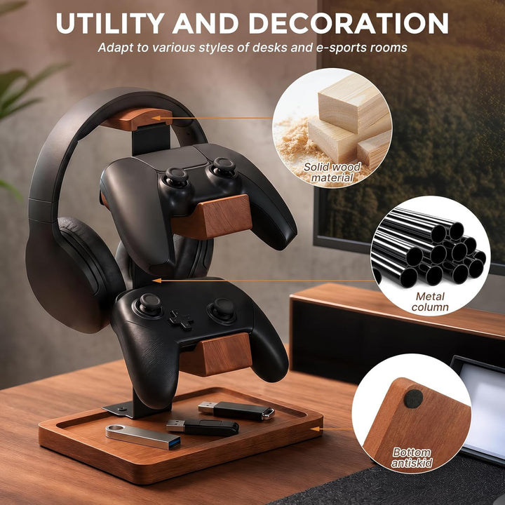 Controller Halter und Headset Ständer Holz, 3-Ebenen Gaming Controller Ständer mit Ablageschale, Mas