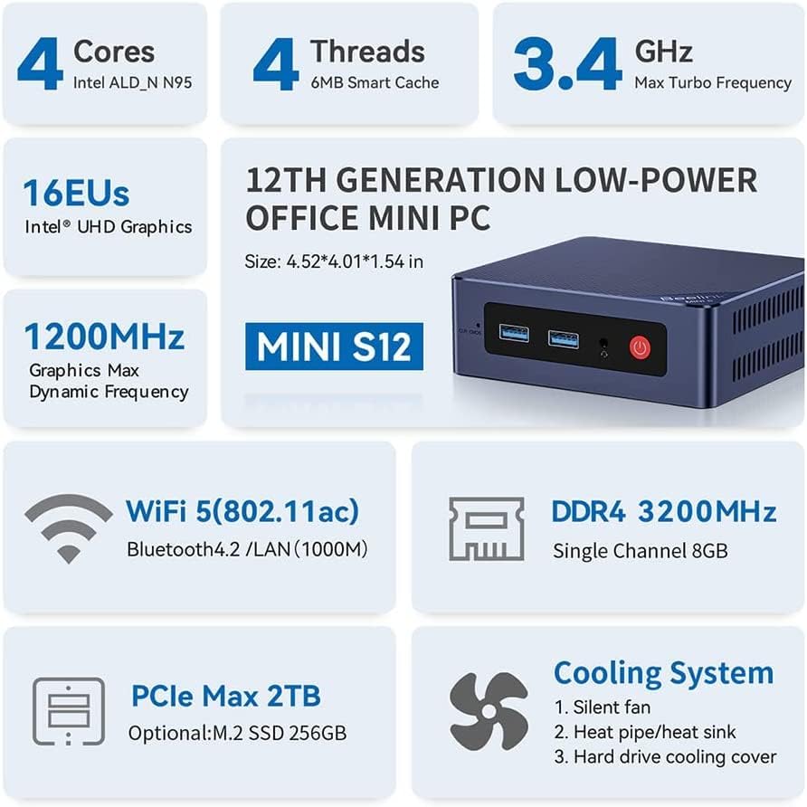 Beelink MINI S12 - Energieeffizienter Mini PC mit Windows 11 Pro, Intel N95, 4K UHD-Grafik, 8 GB DDR