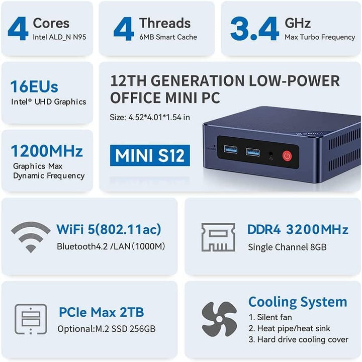 Beelink MINI S12 - Energieeffizienter Mini PC mit Windows 11 Pro, Intel N95, 4K UHD-Grafik, 8 GB DDR