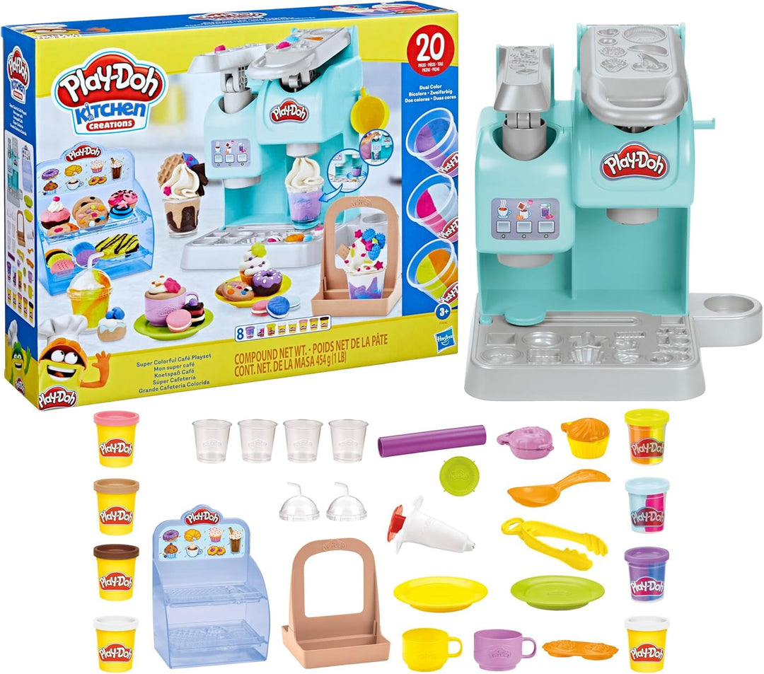 Play-Doh Kitchen Creations Knetspass Café, Café-Spielset mit 20 Accessoires und 8 Dosen zweifarbige