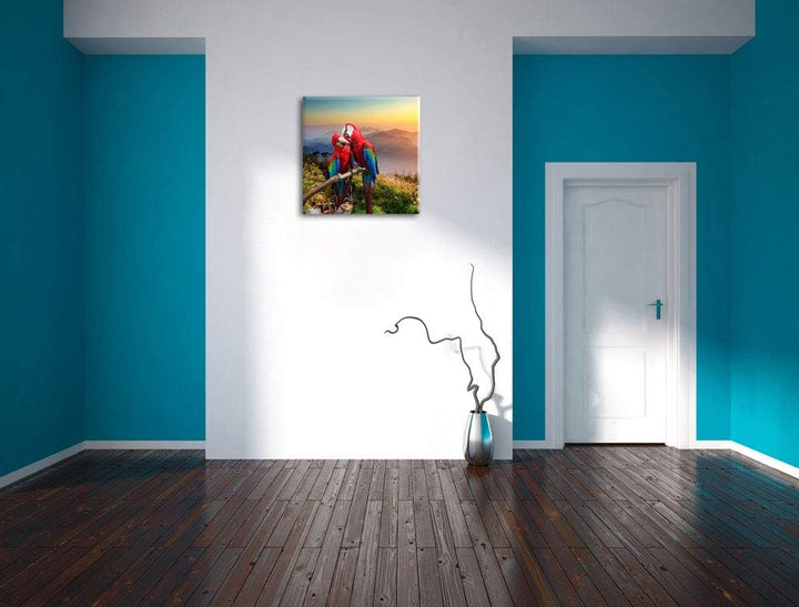 Papageien Pärchen, Format: 70x70 auf Leinwand, XXL riesige Bilder fertig gerahmt mit Keilrahmen, Kun