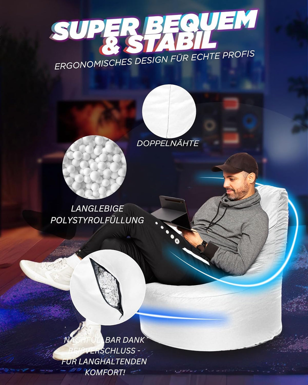 PATCH HOME Gamer Sessel mit Reissverschluss Lounge Kissen Sitzsack Sitzkissen Bean Bag In &amp; Outdoor