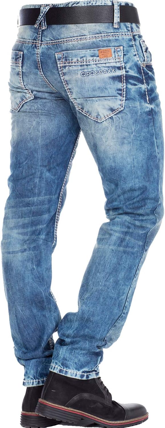 Cipo & Baxx Herren Jeans Hose Used Look Röhrenjeans Straight Fit Kontrastnähte Denim 28W / 32L C-114