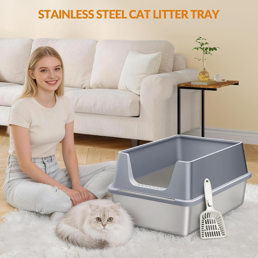 Katzenklo Edelstahl, XXL Metall Katzentoilette Gross, Katzenklo Edelstahl mit Hoher Rand, mit Schauf