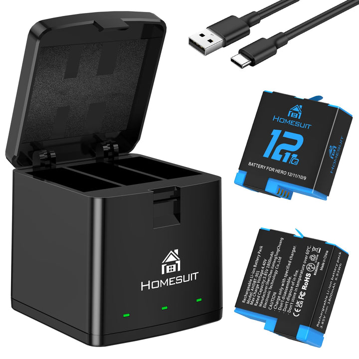 Homesuit Hero 12 11 10 9 Akku 1800mAh und 3-Kanal LED USB Ladegerät Kit mit Typ-C für GoproHero12Bla