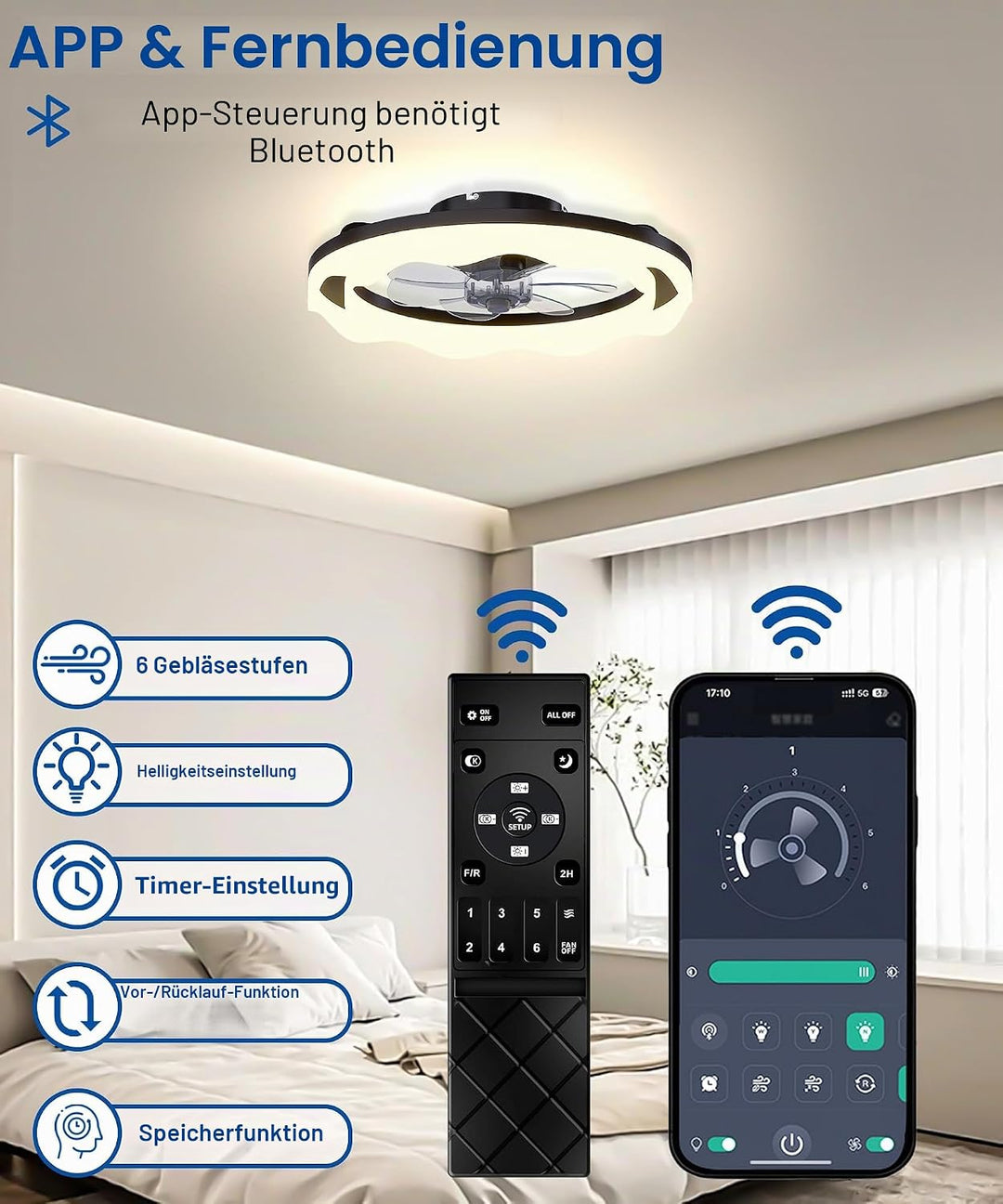 JAYNLT Deckenventilator mit Beleuchtung, Ø50CM Schwarzer Dimmbarer LED Deckenleuchte mit Ventilator