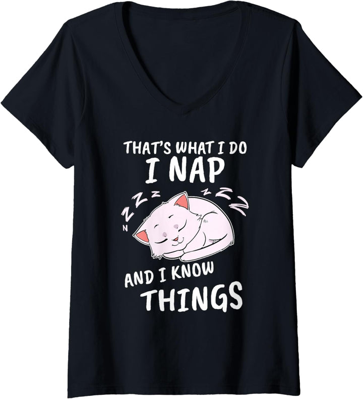 Damen Lustig Kater Nickerchen Miau Schlaf Schlafende Mieze Katze T-Shirt mit V-Ausschnitt