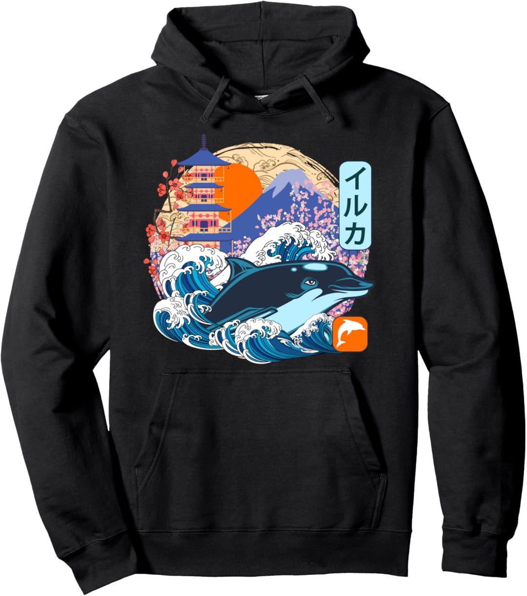 Japanischer Delfin Great Wave Kanagawa Japanische Vintage-Kunst Pullover Hoodie