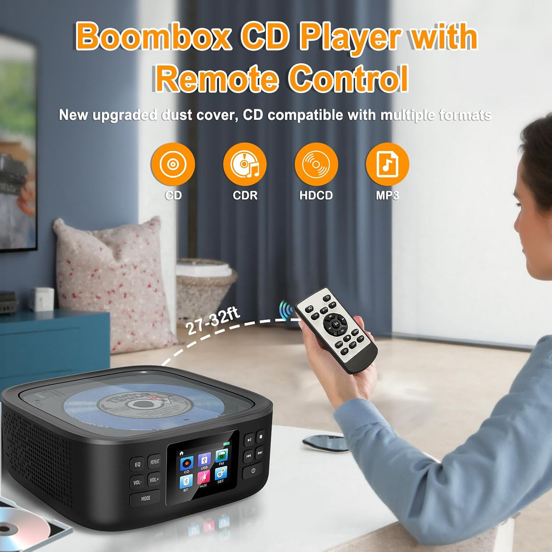 CD Player Tragbar, CCHKFEI Boombox CD Player Bluetooth & Radio FM mit Dual Stereo Lautsprecher LED-B
