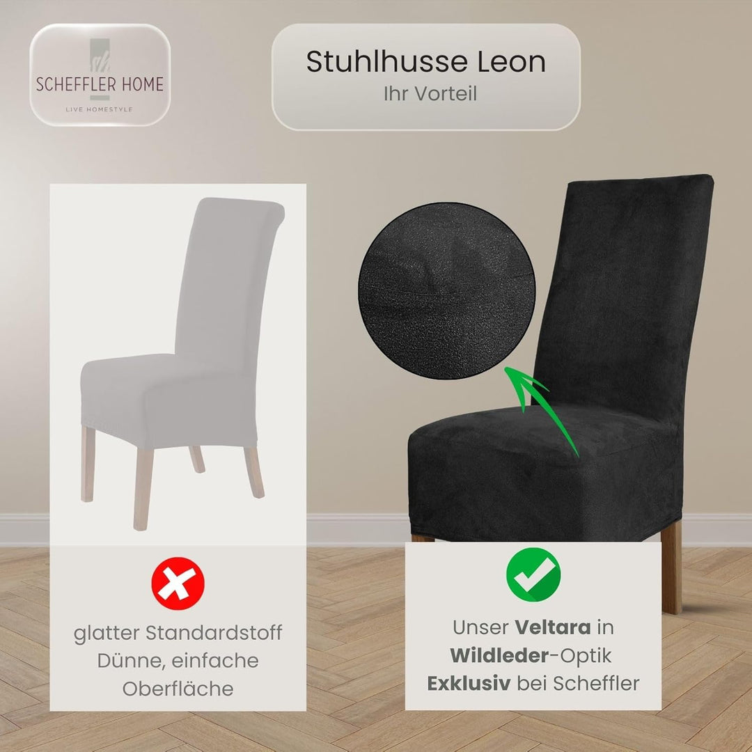 SCHEFFLER-Home Stuhlhussen 2er Set Leon Schwarz/elastische Wildleder Hussen für Stühle/Robustes Frei