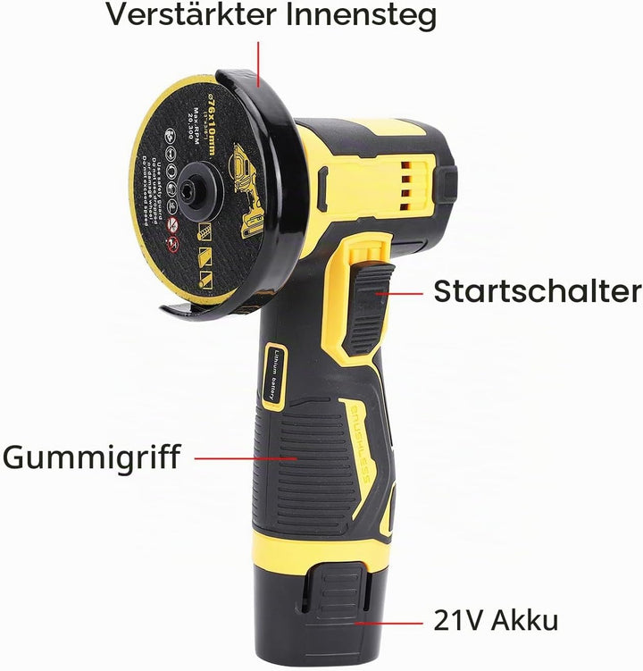 Akku Winkelschleifer, 21V Akku Schneidmaschine mit 2 wiederaufladbaren Akkus, Mini Fliesenschneider