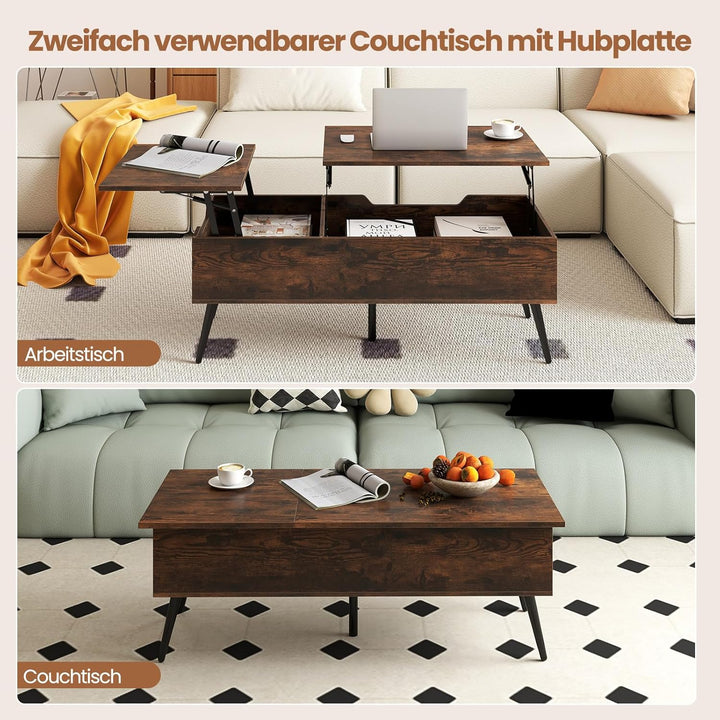 COSTWAY Couchtisch höhenverstellbar, Wohnzimmertisch mit anhebbarer Tischplatte & 2 versteckten Abla