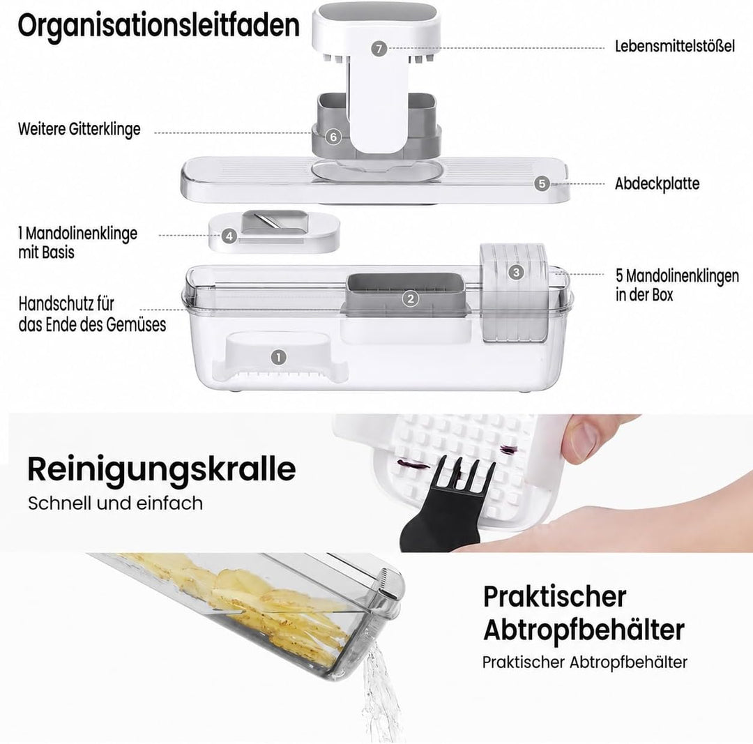 7-in-1 Gemüseschneider und Mandoline Gemüsehobel - Vertikaler Würfelschneider mit Behälter, Julienne