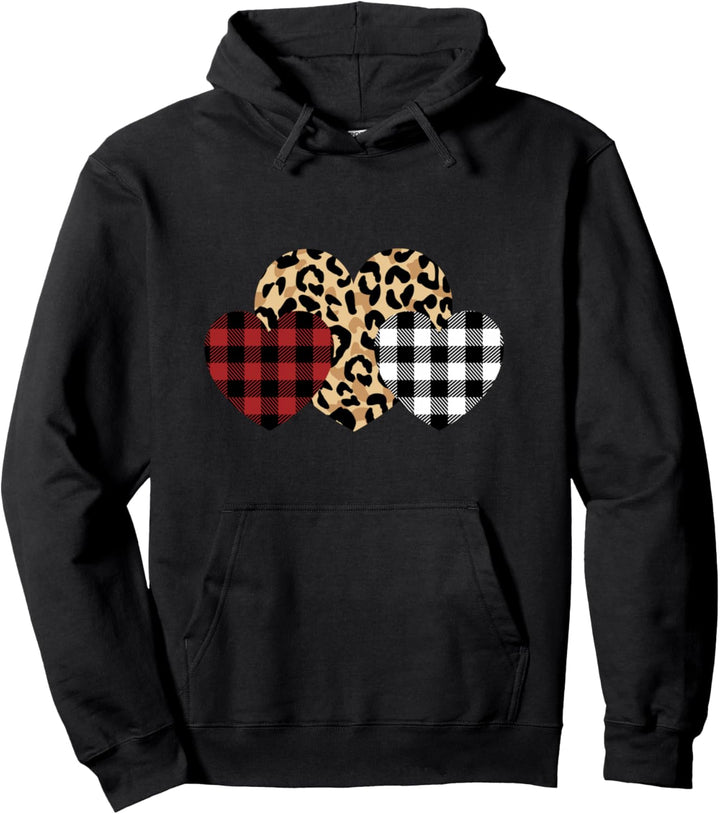 Three hearts cheetah plaid Valentines Pullover Hoodie