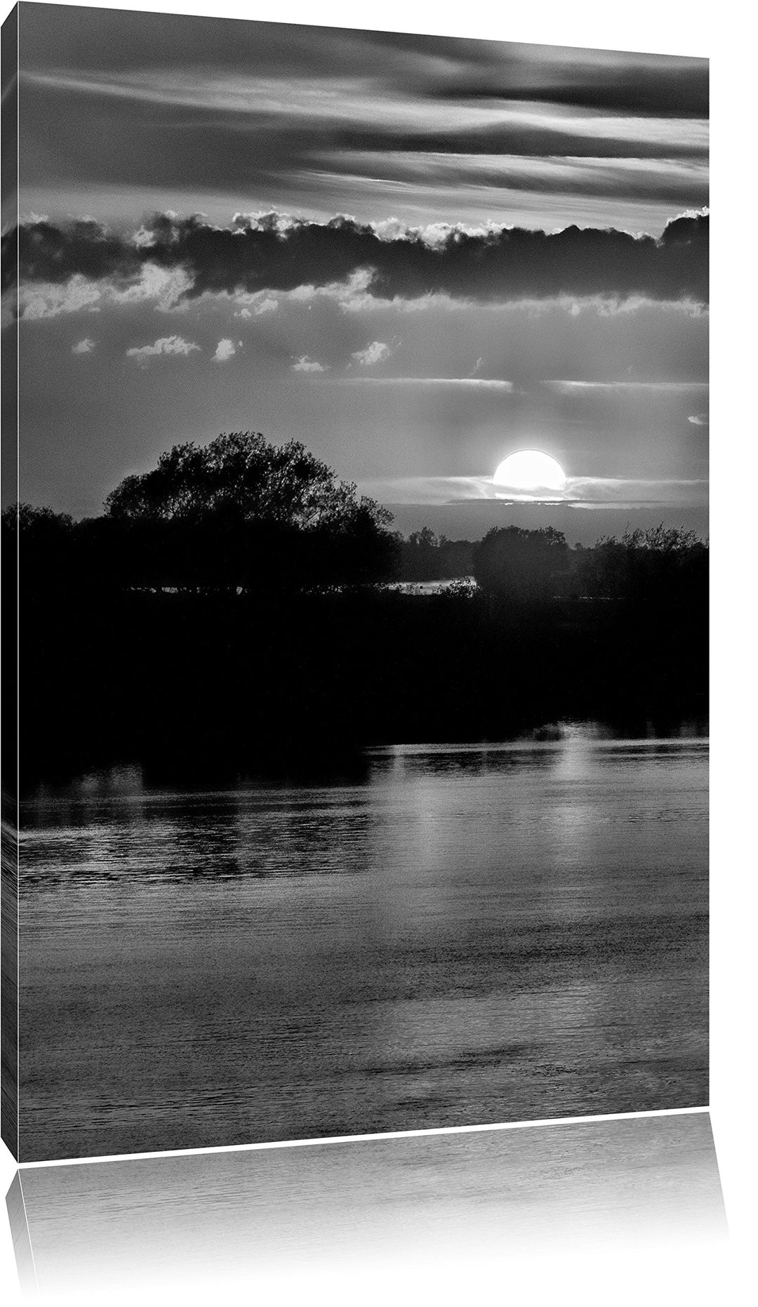 Pixxprint Monocrome, romantischer Sonnenuntergang über Fluss, Format: 100x70 auf Leinwand, 100x70