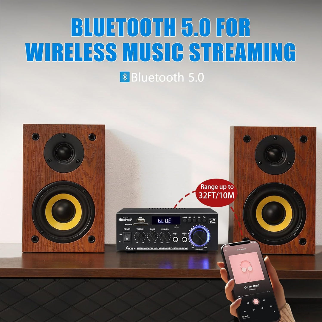 AK45 Pro Verstärker HiFi Stereo 500 Watt, 2 Kanal Mini Audio Receiver mit w/UKW-Radio, USB/SD/AUX/RC