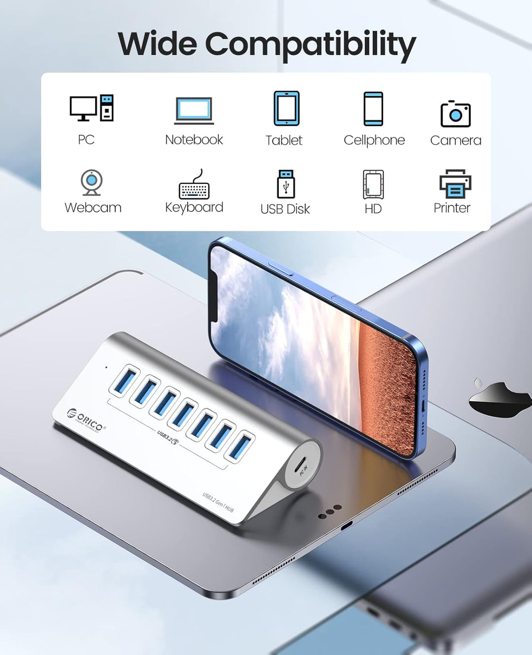 ORICO USB C Hub, 7-Port Aluminium USB Splitter, 5Gbps USB Hub mit 0.5m USB C Kabel und USB A Adapter