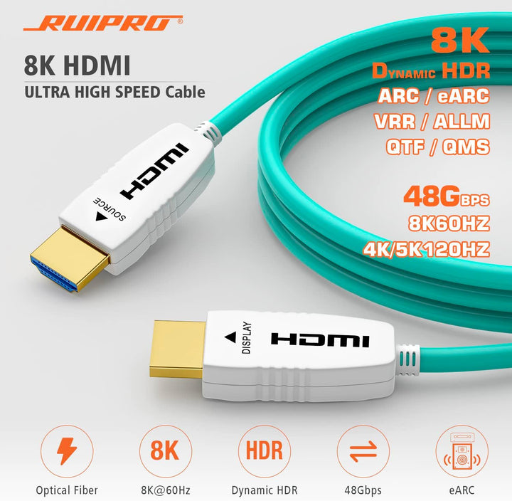RUIPRO HDMI 2.1 Glasfaserkabel 3M, 48 Gbit/s, 8K@60Hz, 4K@120Hz, Dynamic HDR, eARC, Dolby, HDCP 2.2/