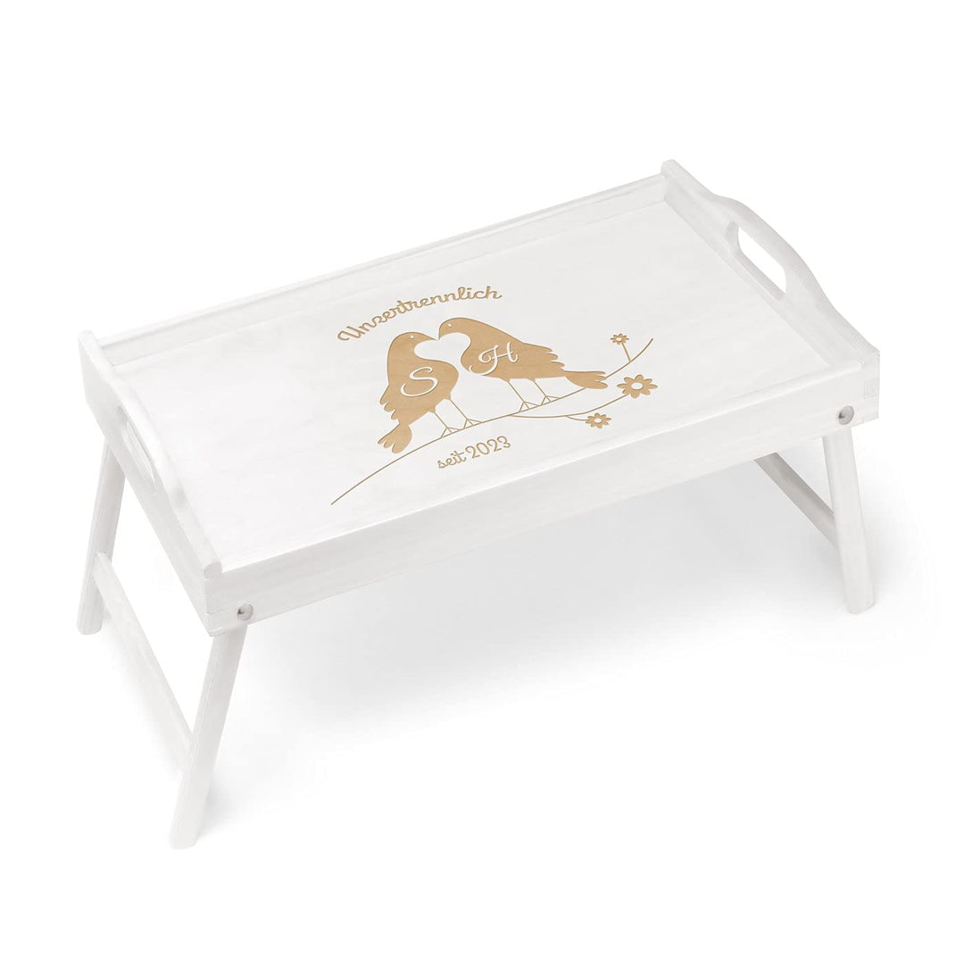 Maverton Frühstückstablett mit Gravur - für Zwei - Betttisch mit Griffen - klappbare Beine - Weiss -