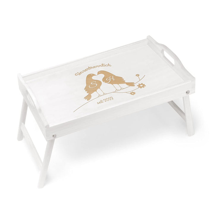 Maverton Frühstückstablett mit Gravur - für Zwei - Betttisch mit Griffen - klappbare Beine - Weiss -