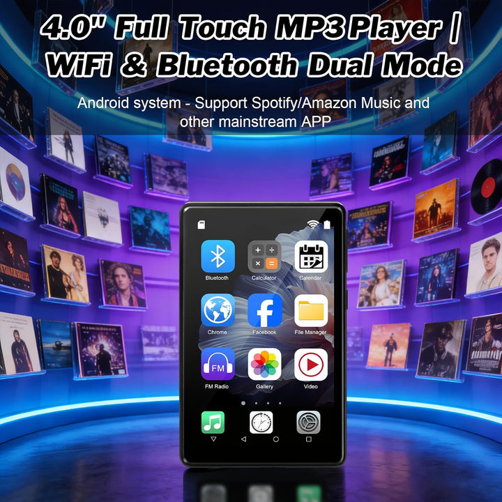 96GB MP3 Player mit Bluetooth und WiFi, Android 13 Musik und MP4 Player für Kinder, 4 Zoll IPS Touch