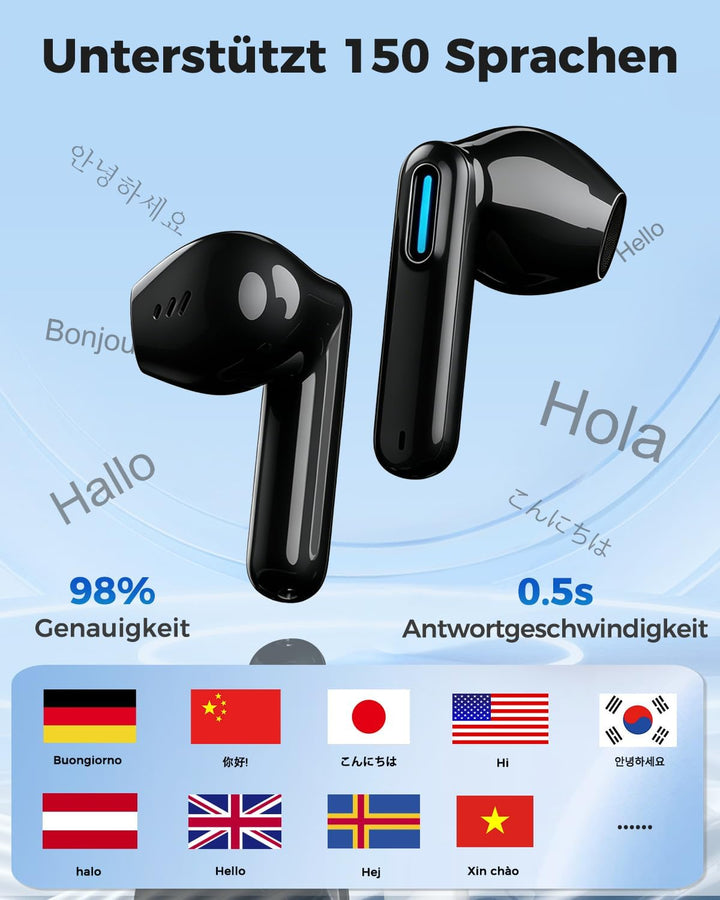 NE49 KI Übersetzungskopfhörer, 150 Sprachen &amp; 6 Modi Echtzeit Sprachübersetzer, Bluetooth 6.0 Kabell