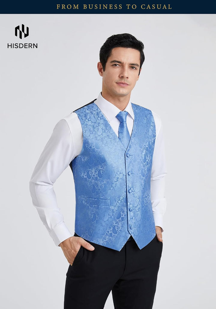 HISDERN Herren Weste Paisley Floral Jacquard Krawatte Einstecktuch Taschentuch Weste Anzug Set S Hel