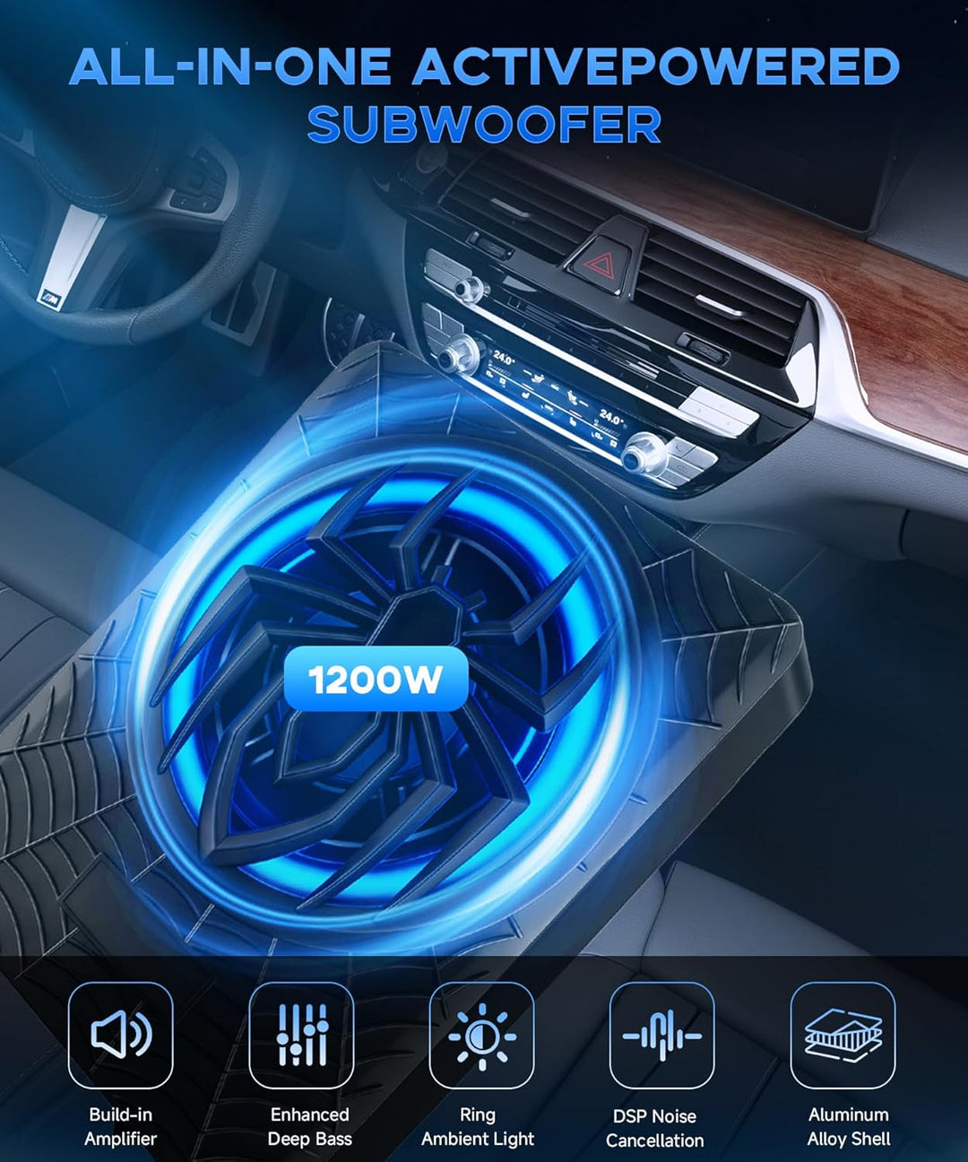 Hodozzy 1200W RGB-Subwoofer, Schlanker Unter-Sitz-Subwoofer für Autos und Verstärker-Paket mit RGB-B