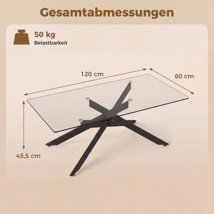 COSTWAY Couchtisch aus gehärtetem Glas, rechteckiger Glastisch mit Metall-Rohrrahmen, Wohnzimmertisc