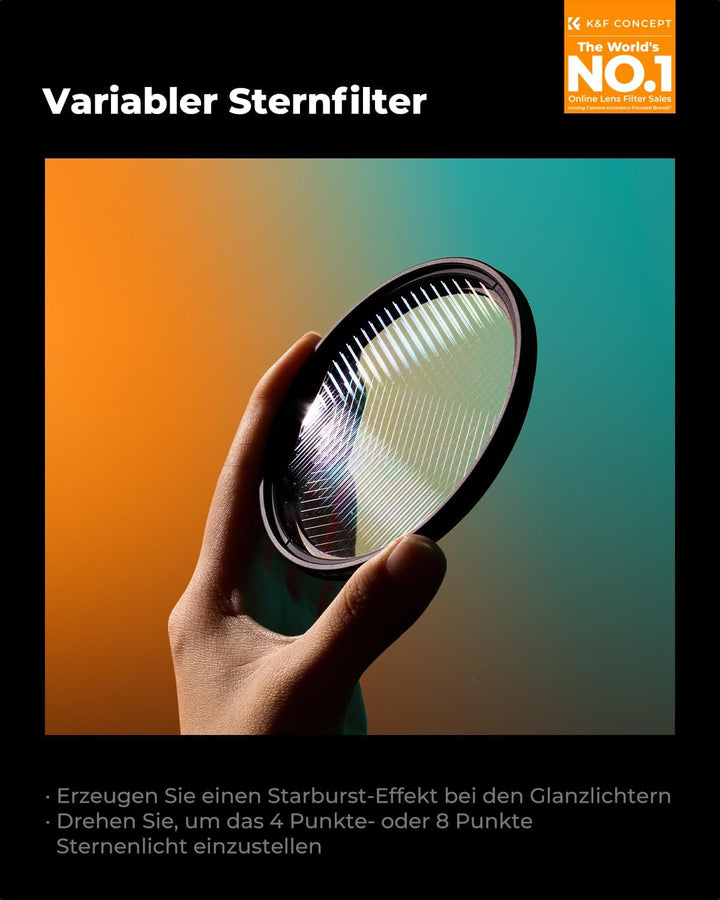 K&amp;F CONCEPT Variabler 52mm Sternfilter 4 Punkte, 8 Punkte für Sternenlichteffekte (Nano-Klear), 52mm