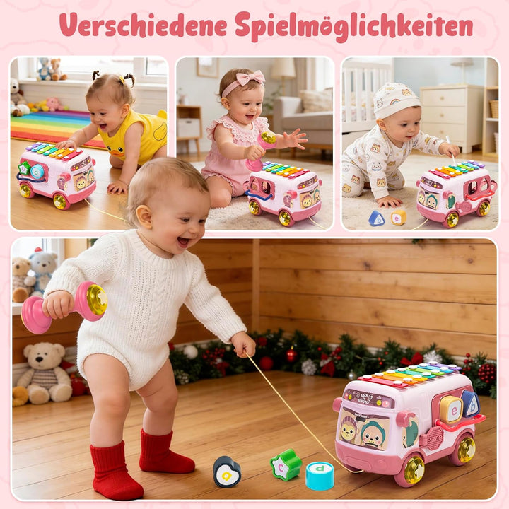 Spielzeug Geschenk ab 1 Jahr Mädchen, Musikalischer Bus mit Xylophon Motorikwürfel Rassel Rad, Baby