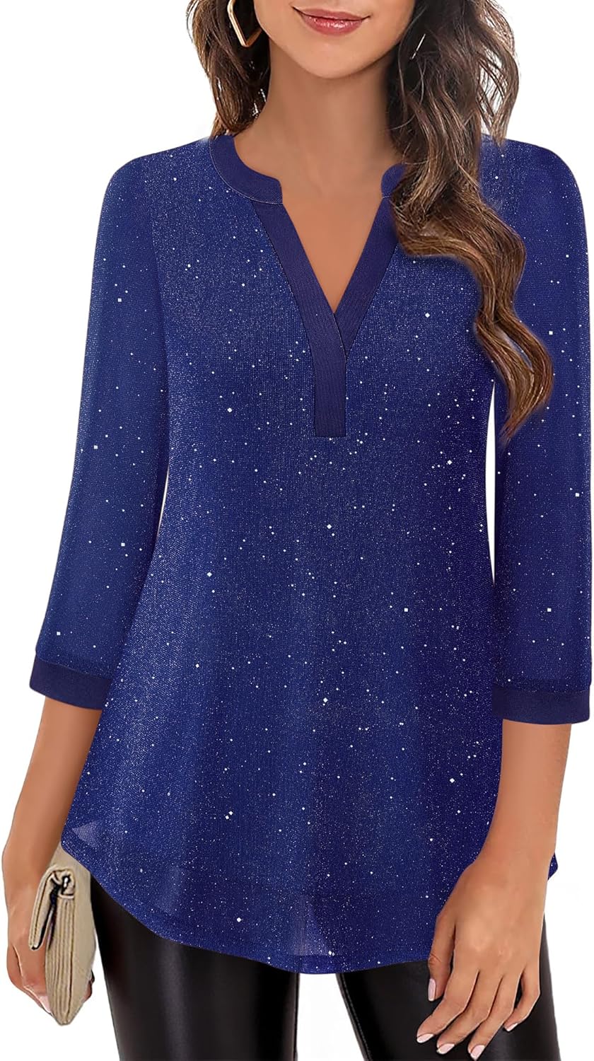 Damen 3/4 Ärmel Oberteil Henley V-Ausschnitt Hemden doppellagig Mesh Bluse Tuniken L Blinken Blau, L