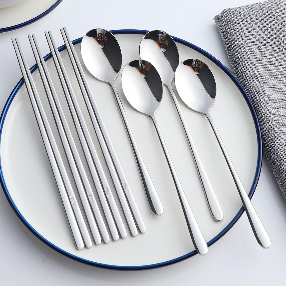 Buyer Star 4 Sätze flaches Essstäbchen Koreanischer Löffel 8 Stück Rostfreier Stahl Stäbchen Löffel