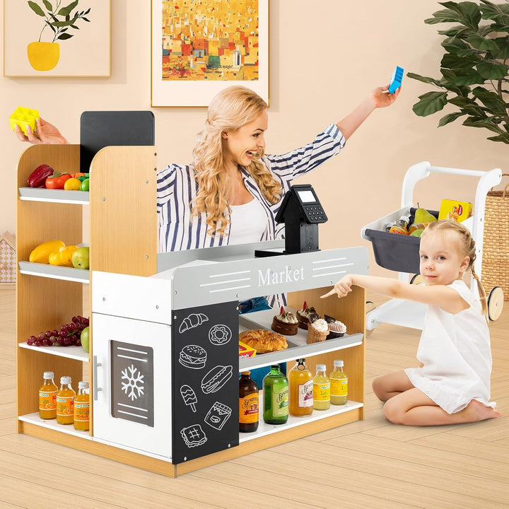 COSTWAY Kaufmannsladen, Kaufladen Kinder mit Einkaufswagen, Supermarkt Holz mit Kasse &amp; 2 Tafeln, Ei