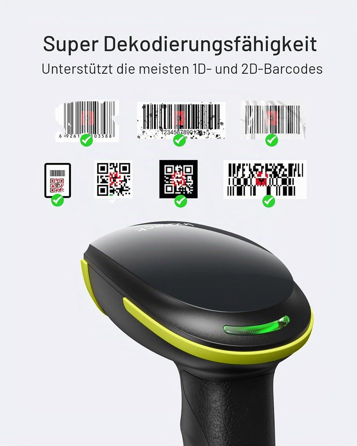 Inateck Barcode Scanner Bluetooth 2D mit Ständer, BCST-35 Grün | Kabellos QR Code Scanner mit Blueto