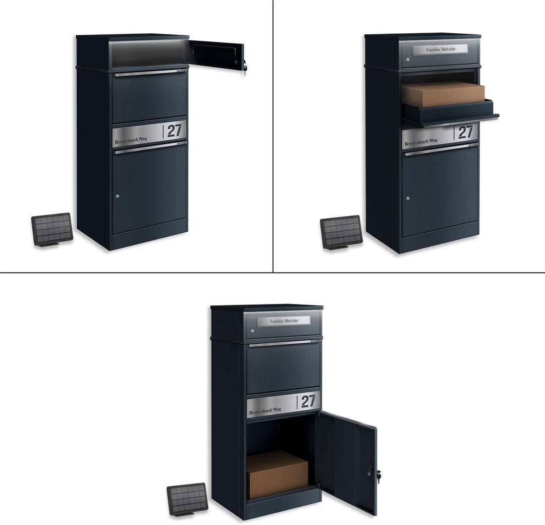 Metzler Briefkasten mit Paketfach mit solarbetriebener LED-Beleuchtung und Gravur anthrazit RAL 7016