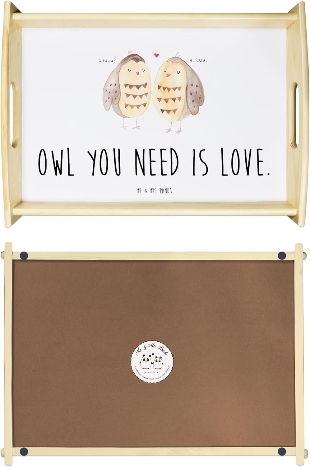 Mr. &amp; Mrs. Panda Sofa Tablett Eulen Liebe - Geschenk, Liebesspruch, Dekotablett, aus Holz, Verliebt,