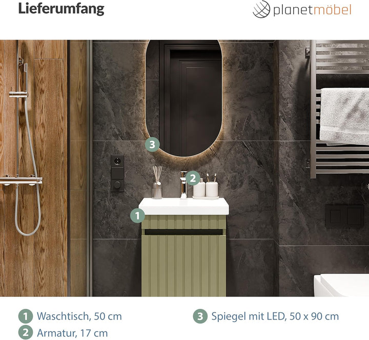 Planetmöbel Cosmia Badmöbel Set Waschbecken mit Unterschrank 50 x 60 x 35 cm Mint Grün, Spiegel mit