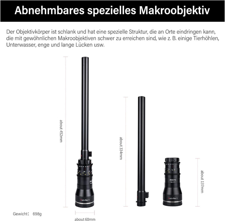 AstrHori 28mm F13 2X Makrosondenobjektiv Vollformat Spezialobjektiv Eingebautes Ringlicht für Spiege
