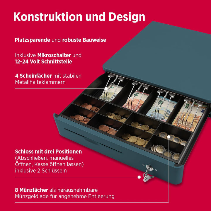 OLYMPIA M 405 Blau | Kassenlade mit 8 Münz- & 4 Scheinfächern | Robuste Kassenschublade Unterbau aus
