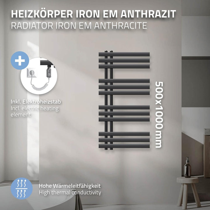 ECD Germany Iron EM Design Badheizkörper Elektrisch 500 x 1000 mm Anthrazit mit Heizstab 300W Grosse