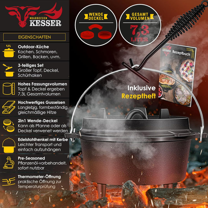 KESSER® Dutch Oven Set BBQ 7,3 Liter, Feuertopf Schmortopf mit Füssen, Gusseisen Topf mit Deckelhebe