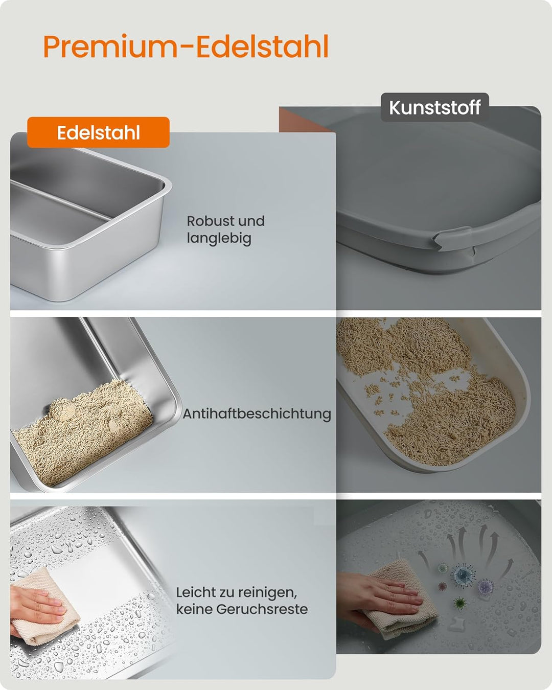 Feandrea Katzenklo Edelstahl, XL, Katzentoilette mit Deckel, mit Schaufel, Bürste und 2 Eingängen, f