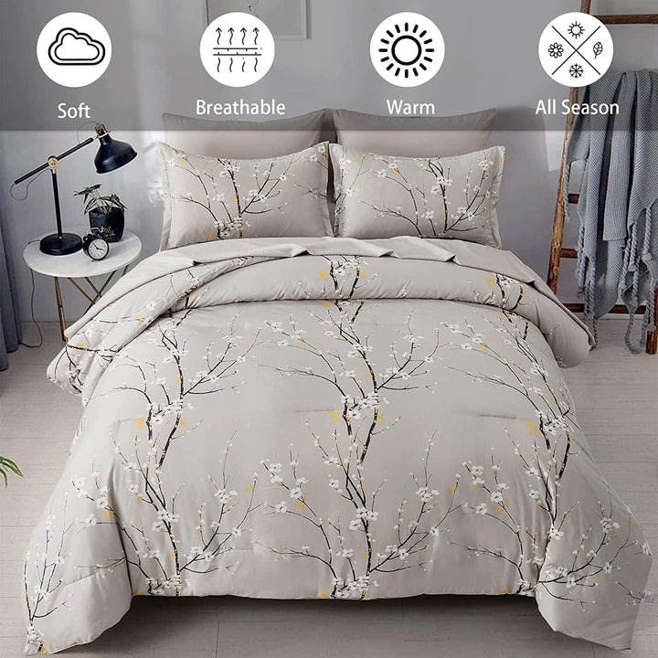 Lanqinglv Bettdecke 135x200 Ganzjahresdecke 4 Jahreszeiten,Grau Weiss Blätter Blumenmuster Steppdeck