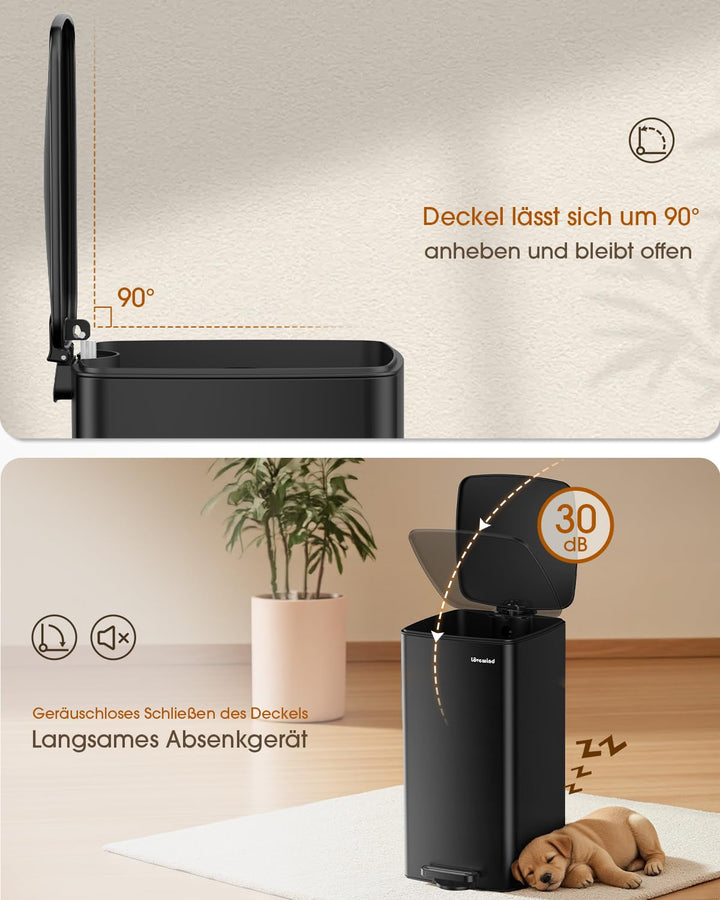 lovewind Küchenabfalleimer, 30L Schwarzer Mülleimer aus Edelstahl mit Pedal, mit Deckel und Inneneim
